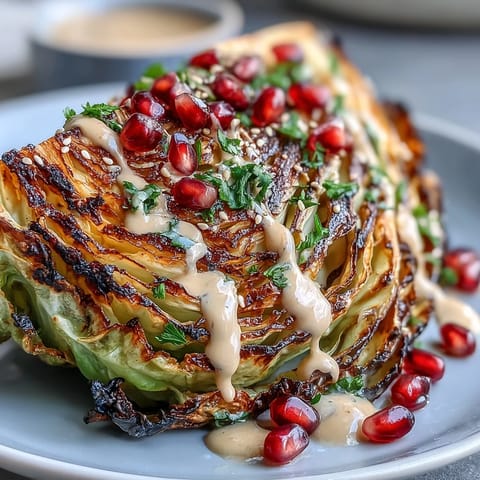 Smoky grilled cabbage wedges drizzled with creamy tahini sauce and topped with fresh parsley and pomegranate seeds.