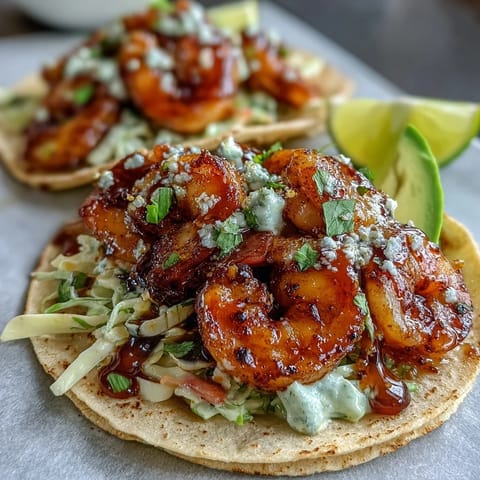 1. Honey garlic shrimp tacos with caramelized shrimp in a sweet and savory glaze, served on warm tortillas with crunchy cabbage slaw and zesty lime crema.  