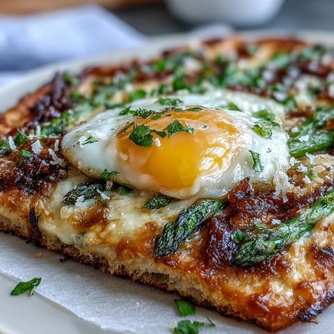 Crispy asparagus and egg flatbread with parmesan, lemon zest, and fresh herbs — a vibrant brunch favorite.  