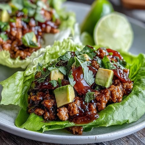 Juicy Turkey Taco Lettuce Wraps piled high with fresh avocado and vibrant cilantro.