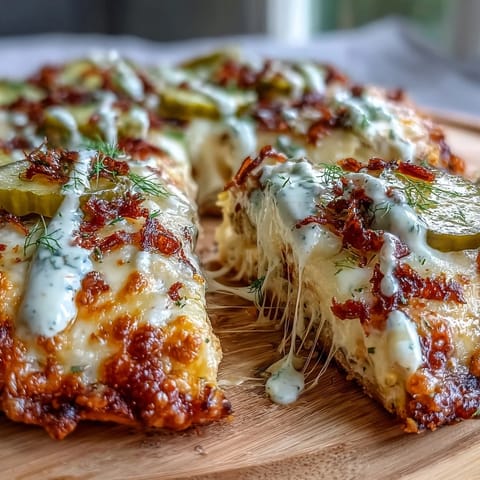 Pickle Pizza Flatbread with garlic ranch drizzle, bubbly cheese, and tangy pickle slices.