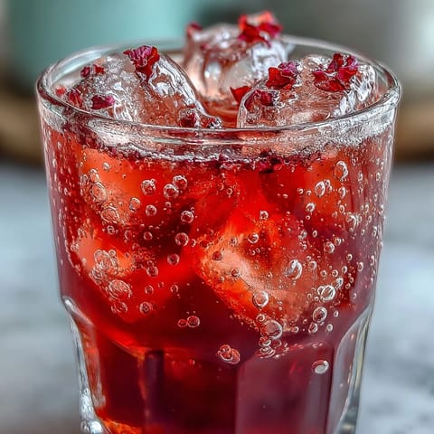 Vibrant Juneteenth Red Drink: Hibiscus Strawberry Lemonade over ice.