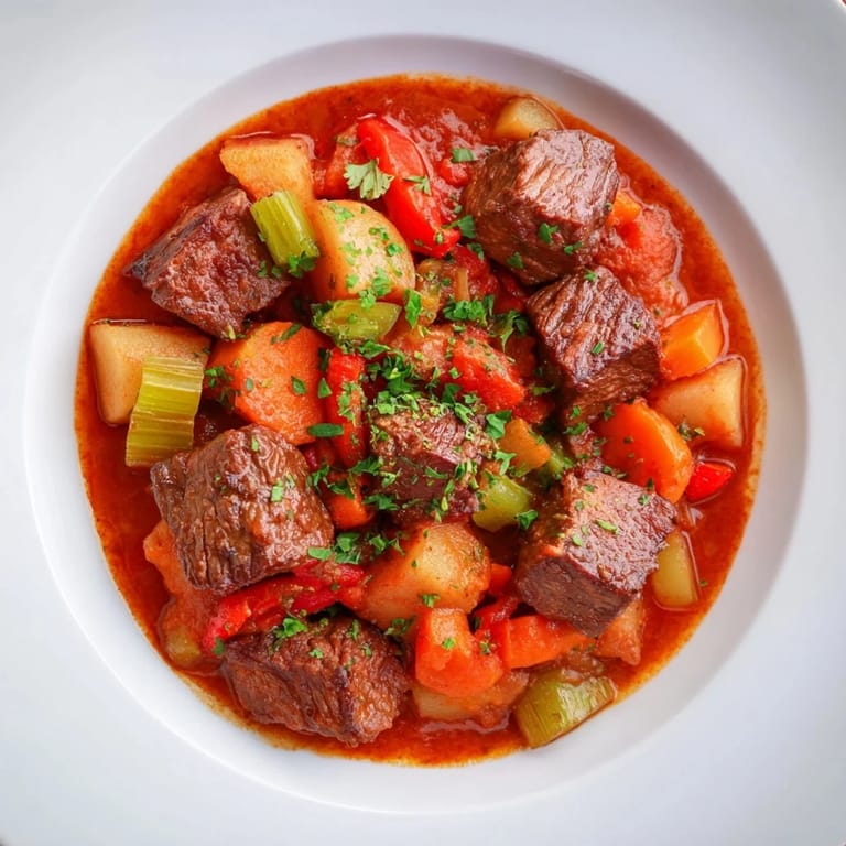 A close-up of a flavorful Smoked Paprika & Garlic Beef Stew with a warm, inviting aroma.