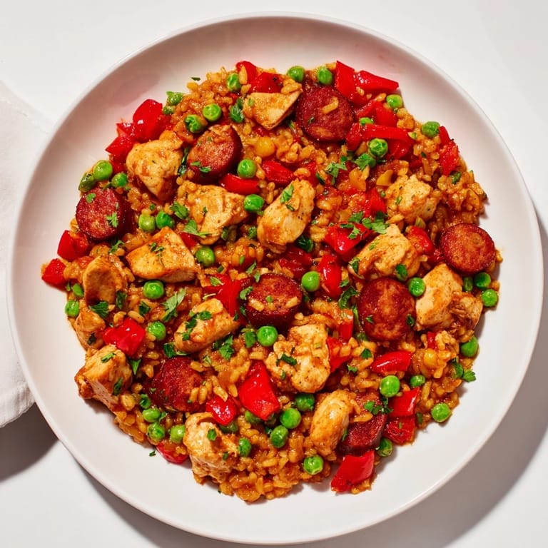 Golden-brown chicken and vegetables mingling with the rice in this flavorful Chicken and Chorizo Rice Skillet.