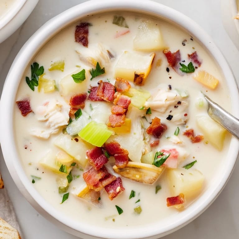 A steaming bowl of Authentic New England Clam Chowder, rich with clams and tender potatoes, ready to enjoy.