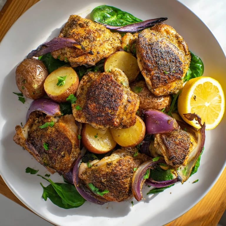 Delicious one-pan pan-roasted chicken with zaatar, boasting perfectly cooked chicken thighs and vibrant vegetables.