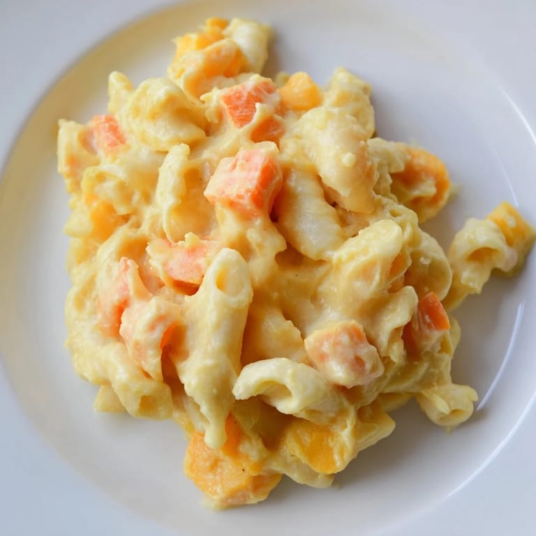 A single serving of One-Pot Butternut Squash Mac & Cheese, with a swirl of rich, cheesy sauce.