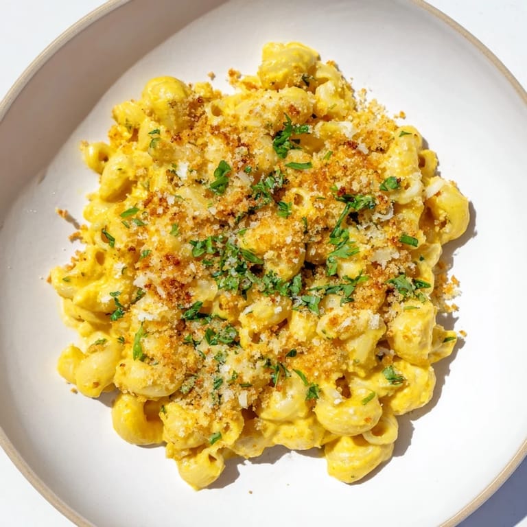 Vibrant yellow Curry Comfort Mac and Cheese bubbling hot, boasting a complex, delicious flavor profile.