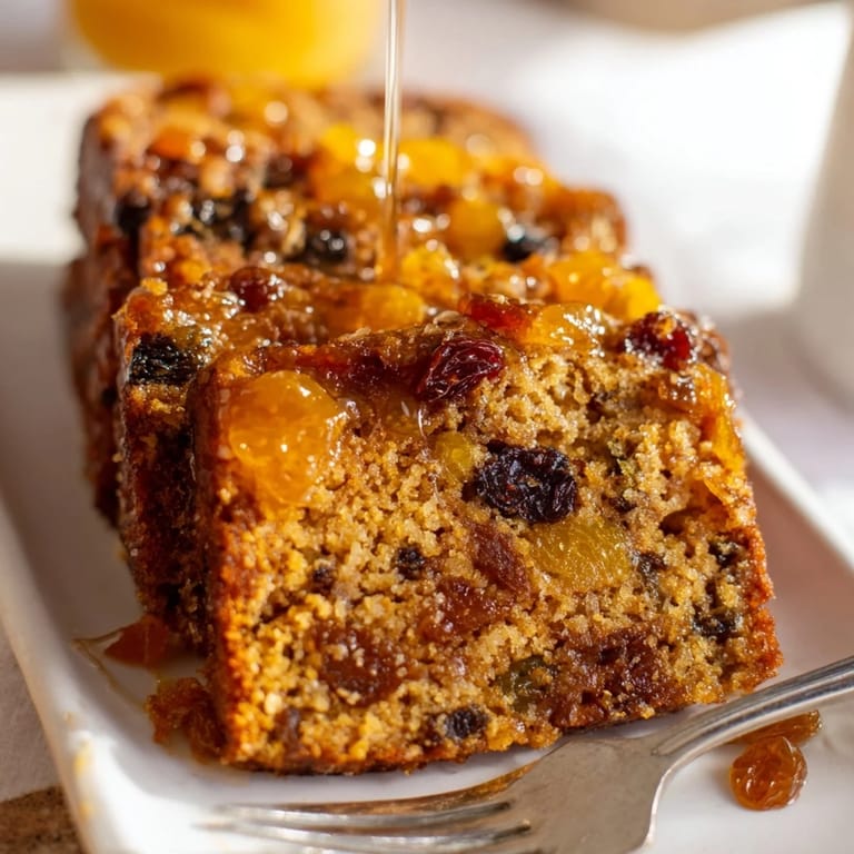 Delicious serving suggestion: A slice of homemade glazed Christmas fruit loaf next to a warm cup.