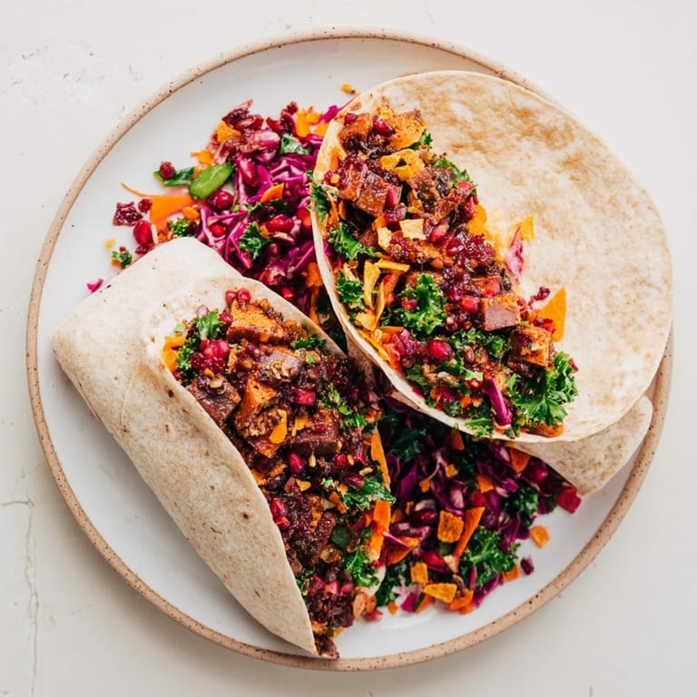 Crispy sweet chili tofu is nestled in a flavorful wrap with vibrant slaw for a tasty meal.