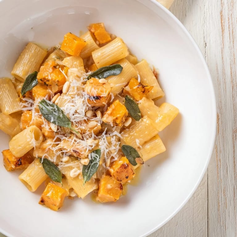 A warm plate of Butternut Squash & Sage Brown Butter Pasta, tossed with toasted pine nuts and Parmesan.