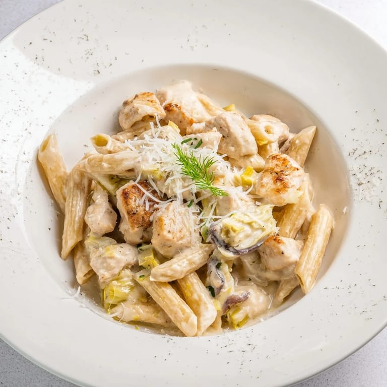 Sizzling Creamy Spinach Artichoke Protein Pasta Skillet, a one-pan meal with Parmesan cheese and herbs.
