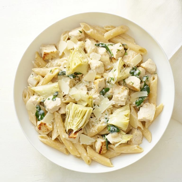 A flavorful close-up of Creamy Spinach Artichoke Protein Pasta Skillet, showing pasta and creamy sauce.