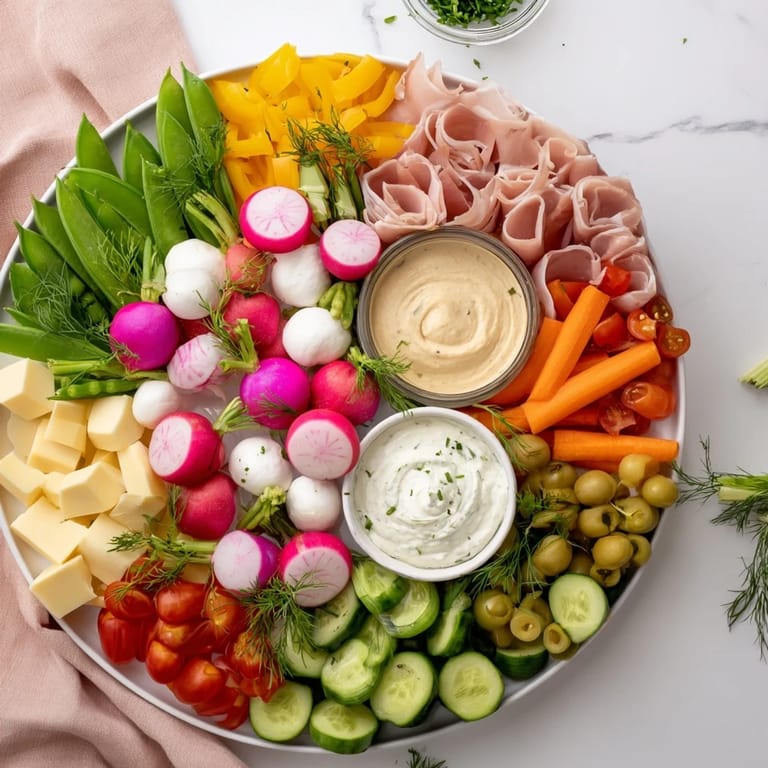 A vibrant Spring Wreath Appetizer Platter features a delightful array of fresh, colorful, and delicious finger foods.
