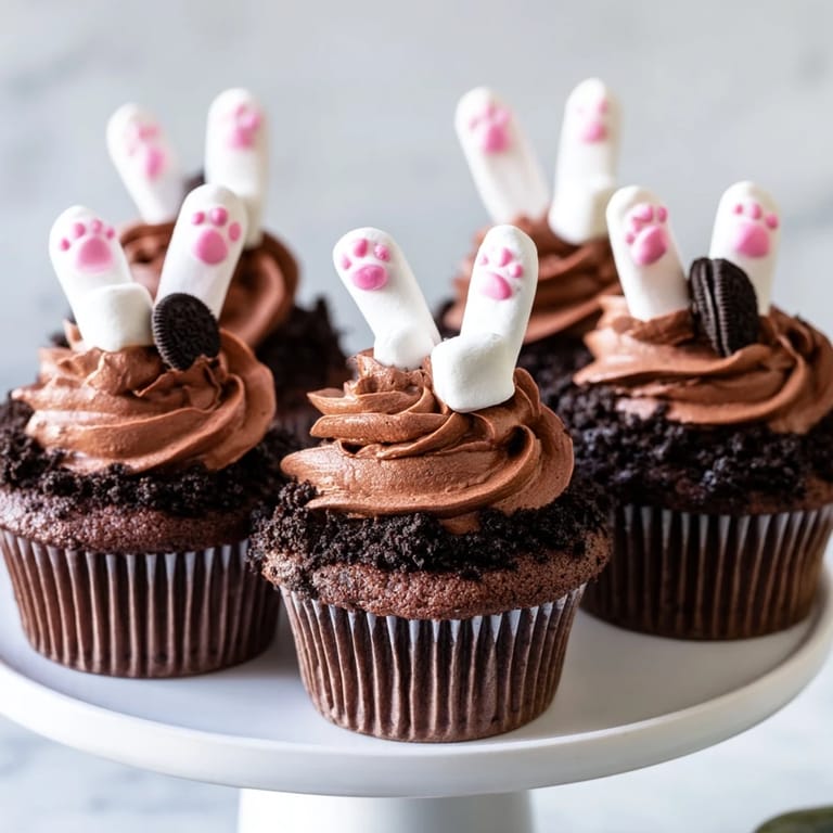 These festive Bunny Burrow Cupcake Tray cupcakes show bunny feet emerging from cookie crumb "soil" on buttercream.