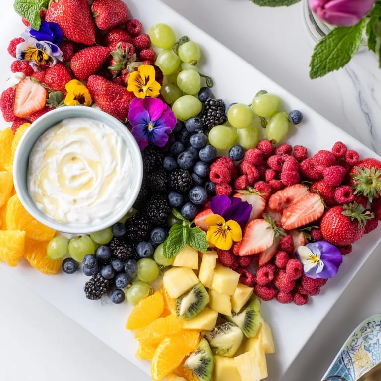 Fresh, juicy fruits comprise this Butterfly Garden Fruit Board, accented with edible flowers and creamy yogurt dip.