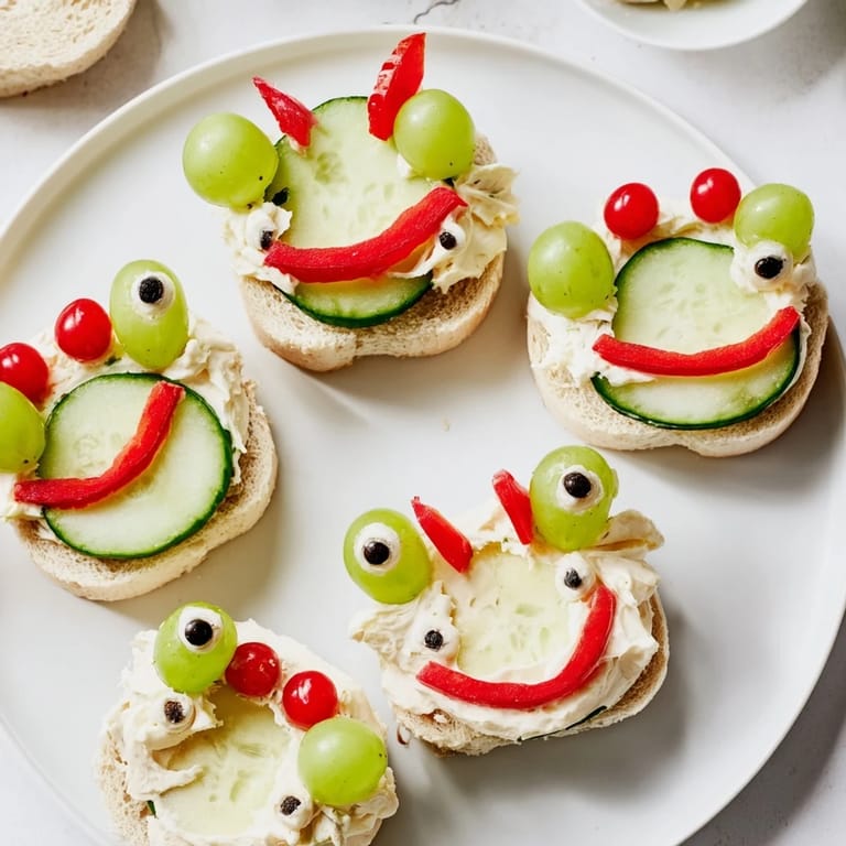 Adorable Prince Charming Froggy Sandwich cutouts, ready to eat for a picnic with grape eyes, red smiles, and fresh cucumbers.