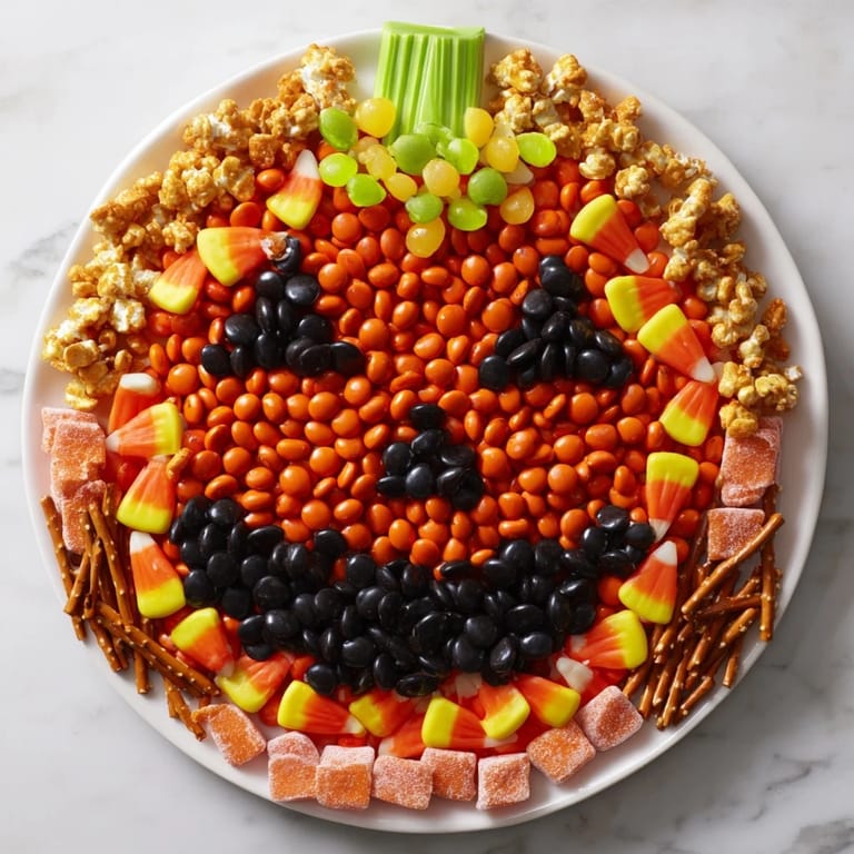 This Jack-o-Lantern Candy Board displays orange candies with a festive green stem and adorable licorice features.