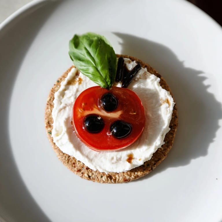 Fresh basil peeks from beneath halved cherry tomatoes creating cute Ladybug Love Picnic Finger Foods.