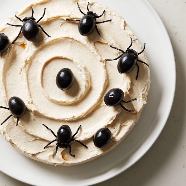 Arrange a spooky Creepy Crawly Spiderweb Platter featuring black olives and a creamy, delicious dip for your party.