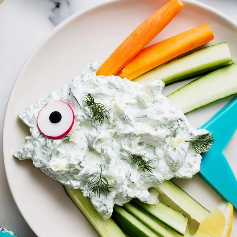 Enjoy this easy Ocean Blue Fish-Shaped Dip Tray featuring a cheerful, creatively arranged dip platter perfect for gatherings.