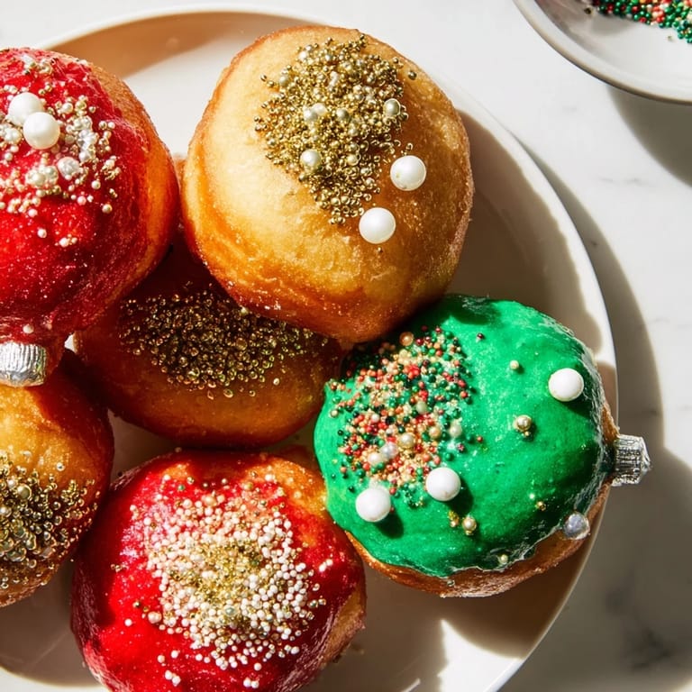 Freshly fried Christmas ornament beignets, iced in bright colors, promising sweet, melt-in-your-mouth delight.