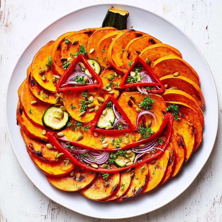 This Pumpkin Lantern Halloween Plate features roasted vegetables, designed like a festive jack-o-lantern for Halloween.