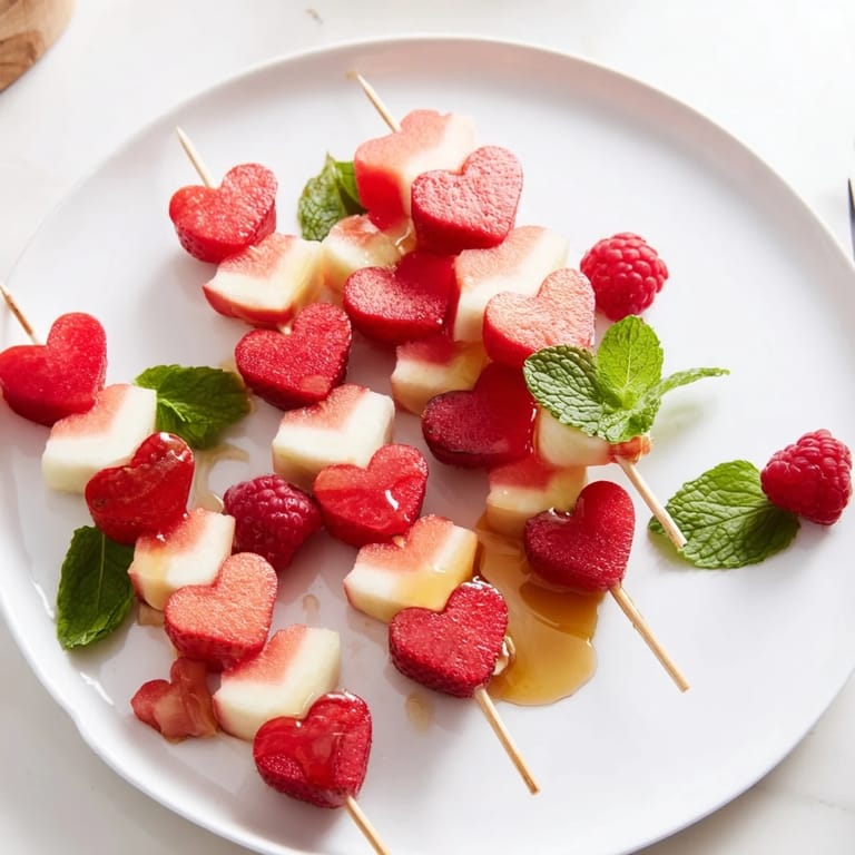 Fresh, heart-shaped strawberries and watermelon making beautiful red heart fruit skewers, perfect for guests.