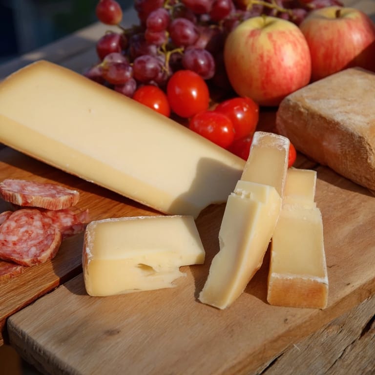 A visually appealing Planche Montagne Aventure Collation featuring rustic bread, creamy cheeses, and savory cured meats.