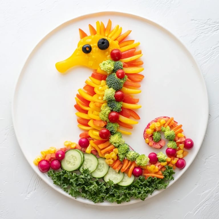 This Seahorse Veggie Dip Platter presents a creative and healthy party appetizer, featuring a rainbow of fresh veggies.
