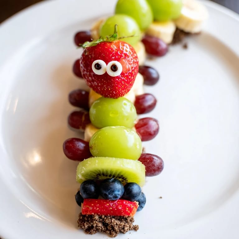 Enjoy this healthy Caterpillar Fruit Skewer Track, a playful snack with tasty fruit and cookie crumbs.