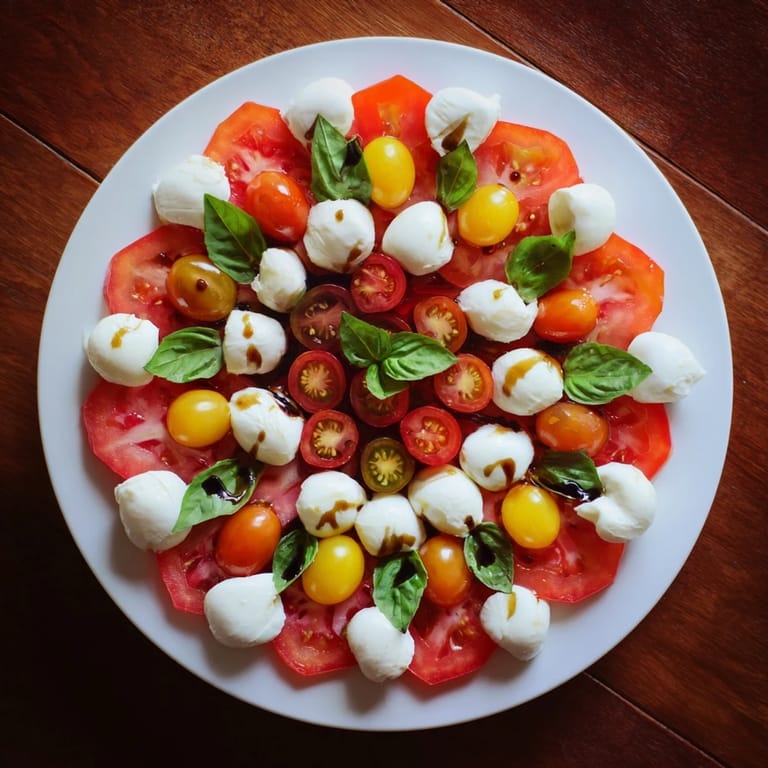 Vibrant Starfish Caprese Salad arrangement with juicy tomatoes, creamy mozzarella, drizzled olive oil, and basil.