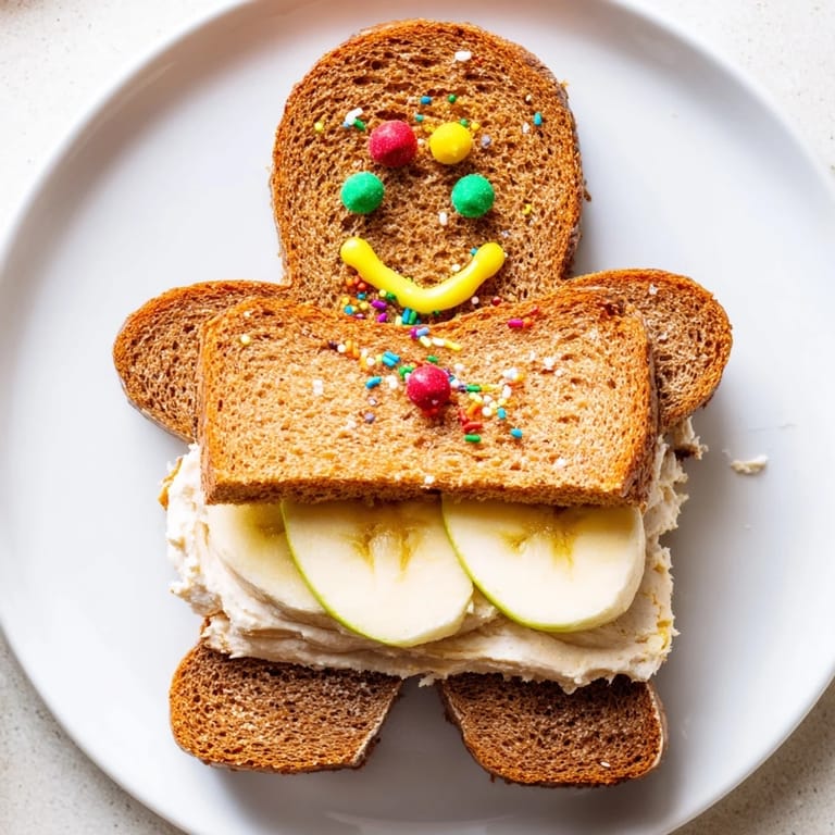 Adorable Gingerbread Man Sandwich shapes adorned with fruit, showcasing this creative holiday snack.