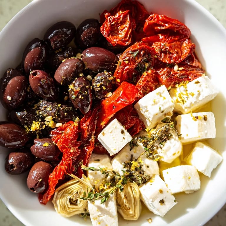 Close-up of a black olive and sun-dried tomato platter, showcasing colorful ingredients ready to serve.