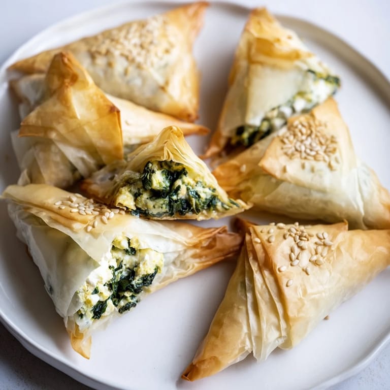 A close-up of the fully baked Mini Spanakopita Triangle Cluster, its flaky pastry browned to perfection.