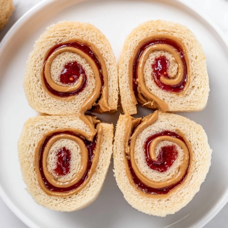 These simple sandwich: Quartered PB&J pinwheel rolls show off the vibrant layers of peanut butter and jelly.
