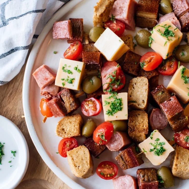 Vibrant Savory Skewers showcasing cubed ham, cheddar, and tangy pickles, ready to enjoy at any gathering.