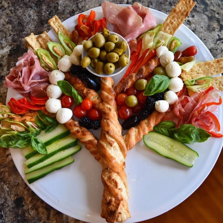 Delicious Fractal Tree Branching Bread Platter layered with cheese, olives, and vibrant red pepper strips.