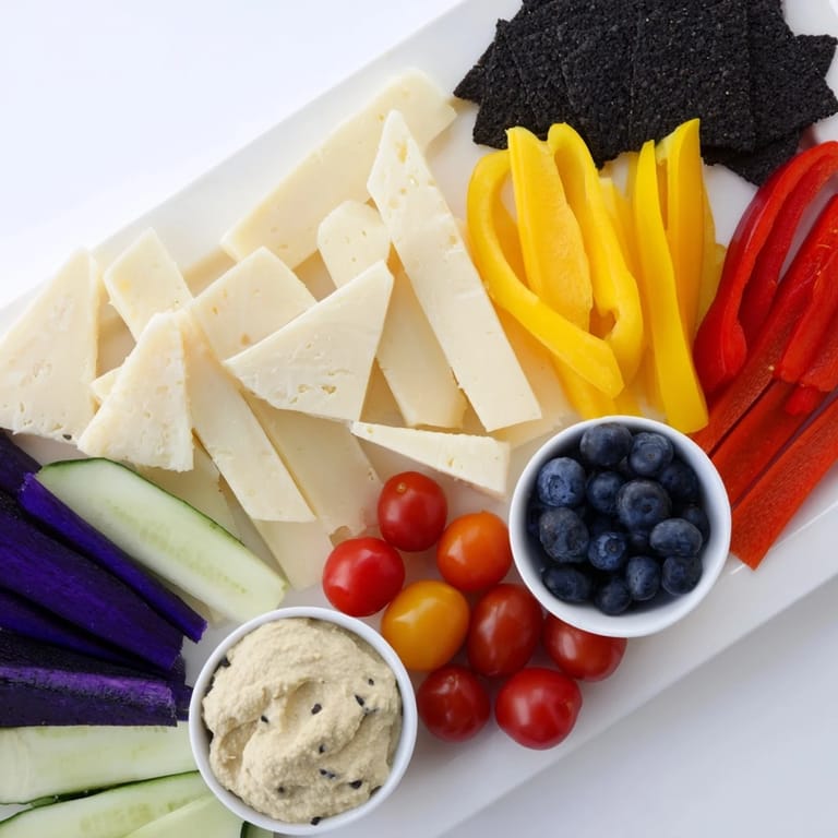 A zig-zag lightning strike arrangement features sharp cheddar, gouda, and fresh vegetables for a stunning appetizer board.