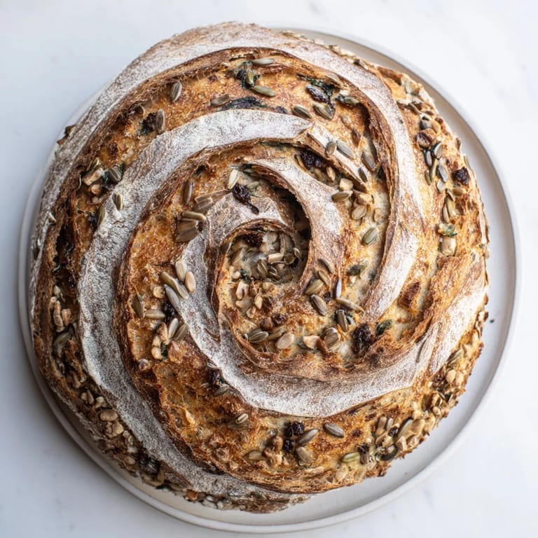 A close-up of a rustic loaf showing the Fibonacci Spiral Growth Bread's unique seeded layers.