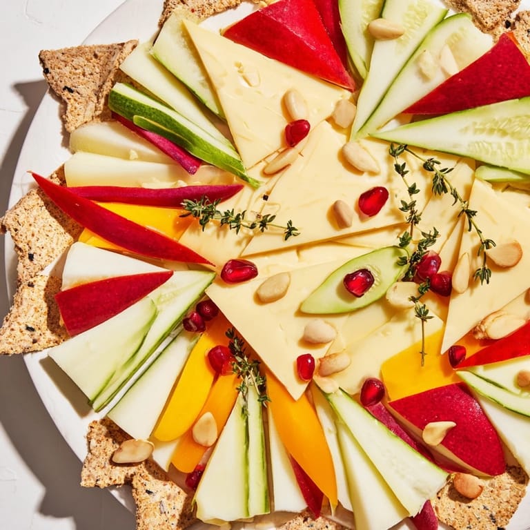 Taste the rainbow: meticulously arranged The Tessellation Triangle with cheeses, fruits, and vegetables for guests.