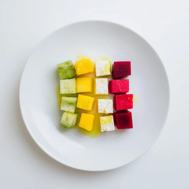 Freshly cubed mango, avocado, and beets star in this vibrant Cube Geometry Study salad creation.