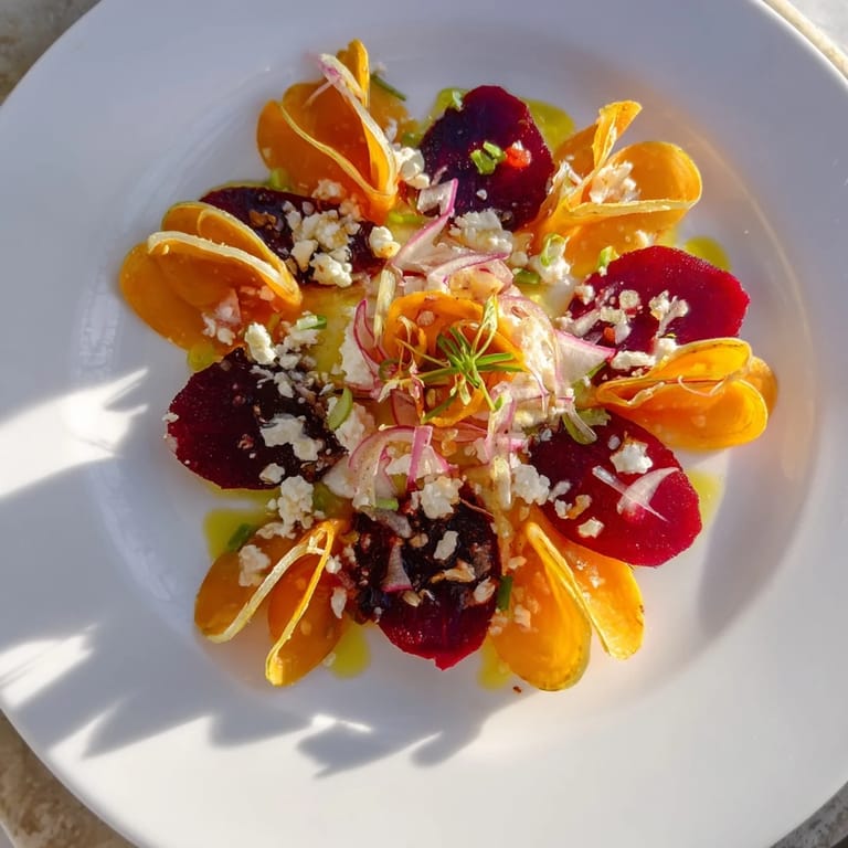 Elegantly plated Radial Symmetry Sunburst salad, showcasing artfully arranged colorful vegetables and cheese.