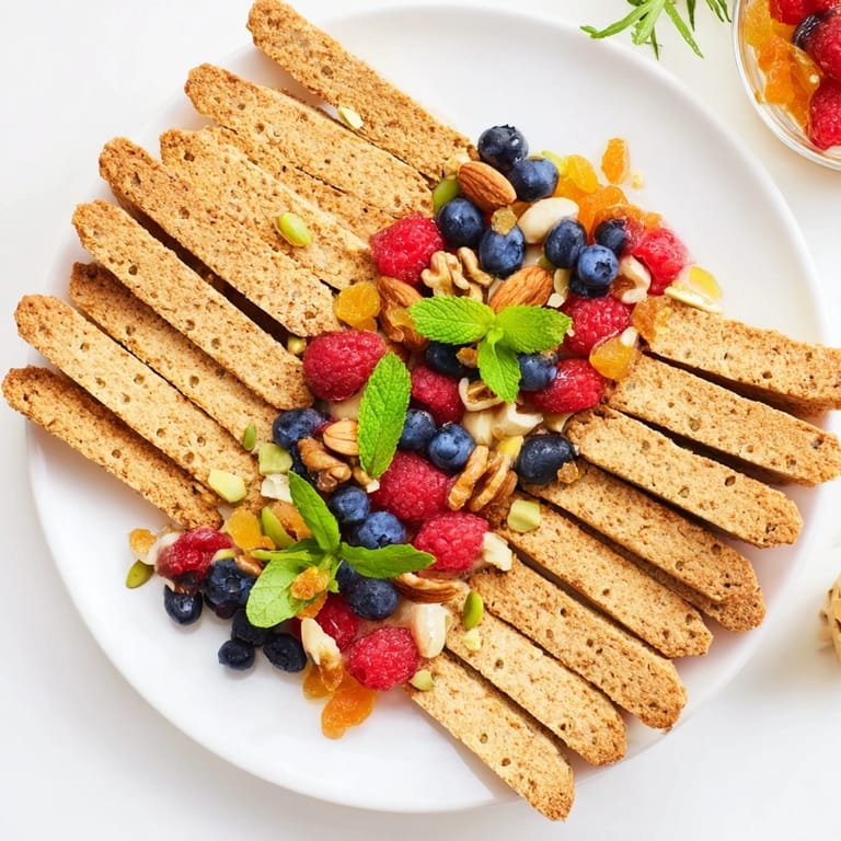 Vibrant image shows The Picket Fence: a beautiful appetizer with crunchy crackers and fresh fruits.