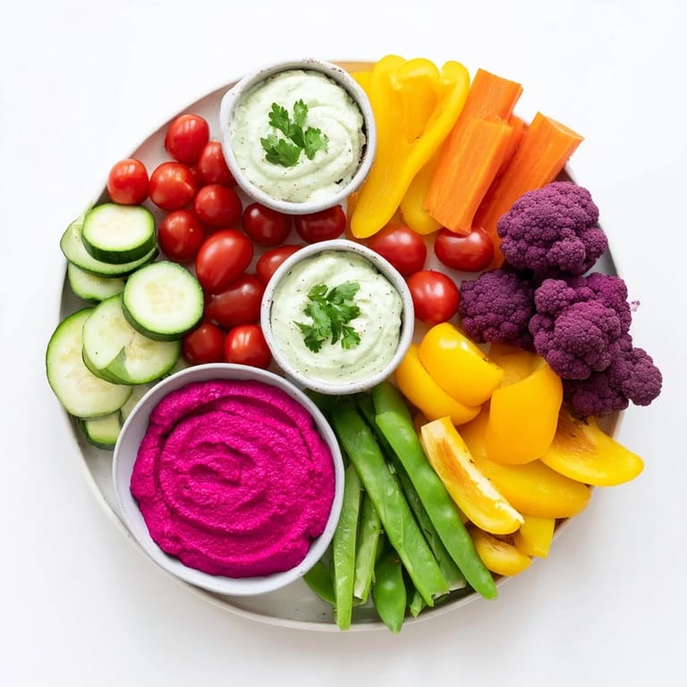 Enjoy the visually stunning Rainbow Vegetable Dips, perfect for sharing with creamy herb, beet, and avocado dips.