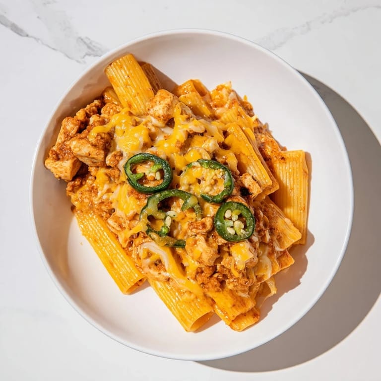 Golden air-fried pasta chips piled high with flavor, featuring taco chicken and cheddar cheese in Pasta Chip Nachos.