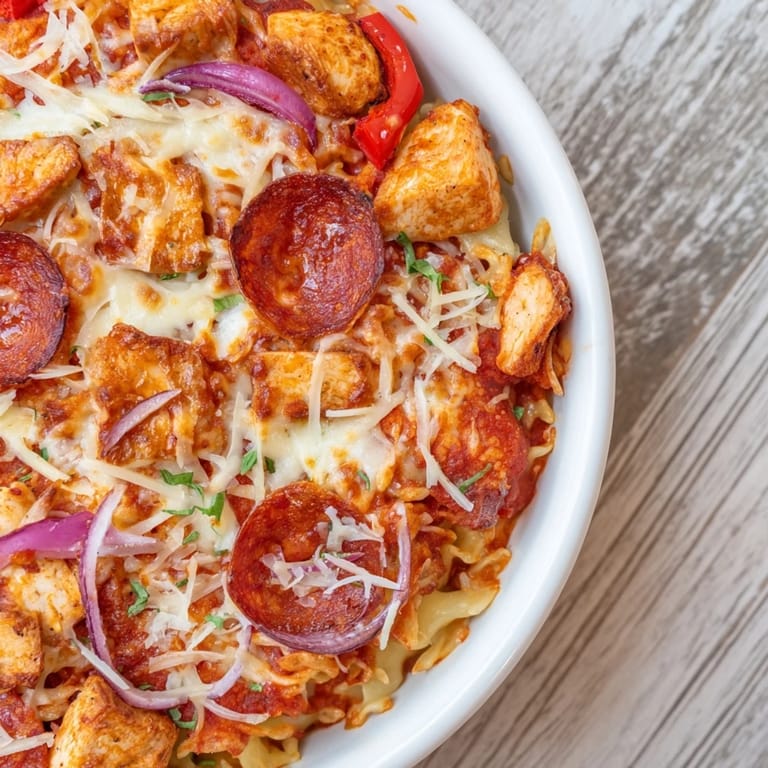 A close-up of cheesy One-Pan Pizza Pasta: flavorful chicken, pepperoni, and pasta in marinara sauce.