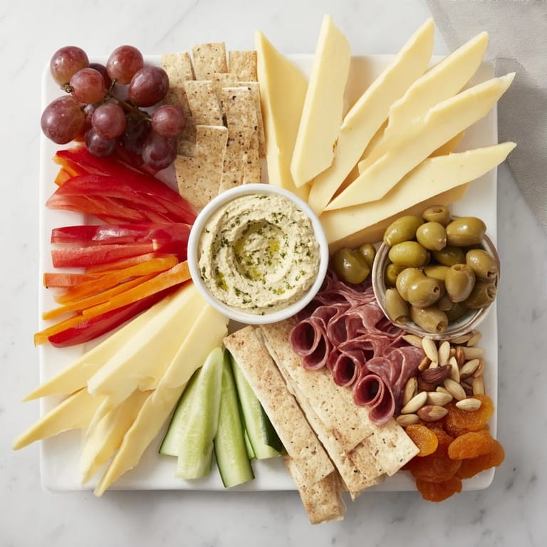 Beautifully arranged Arrowhead directional charcuterie board filled with colorful fruits and savory snacks.