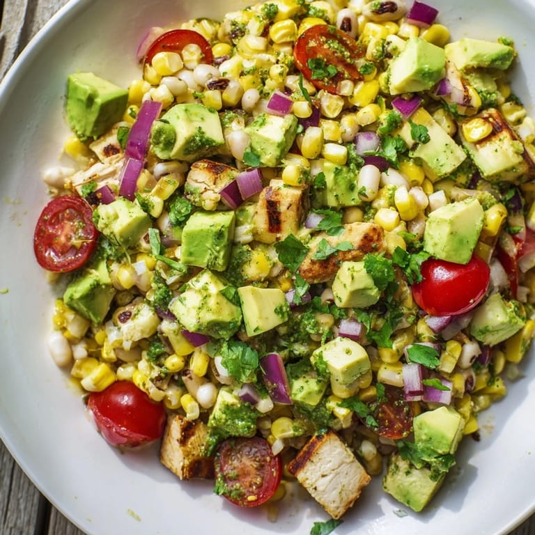 A close-up view of the hearty Southwestern Bean Salad, ready to be enjoyed with tortilla chips.