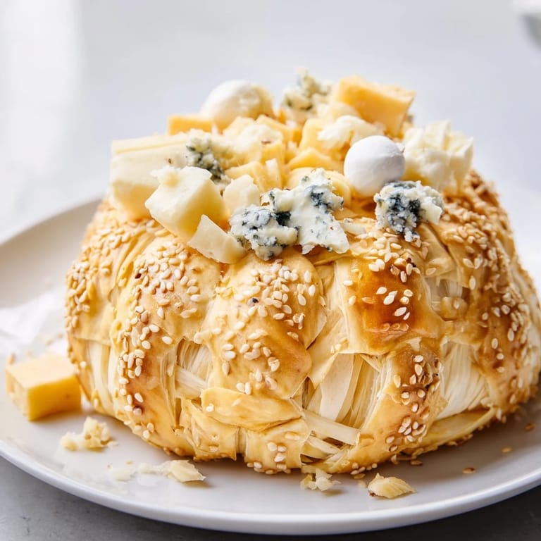 Artfully arranged, the "Gilded Cage" showcases savory cheeses within a dome of golden breadsticks, ready to serve.